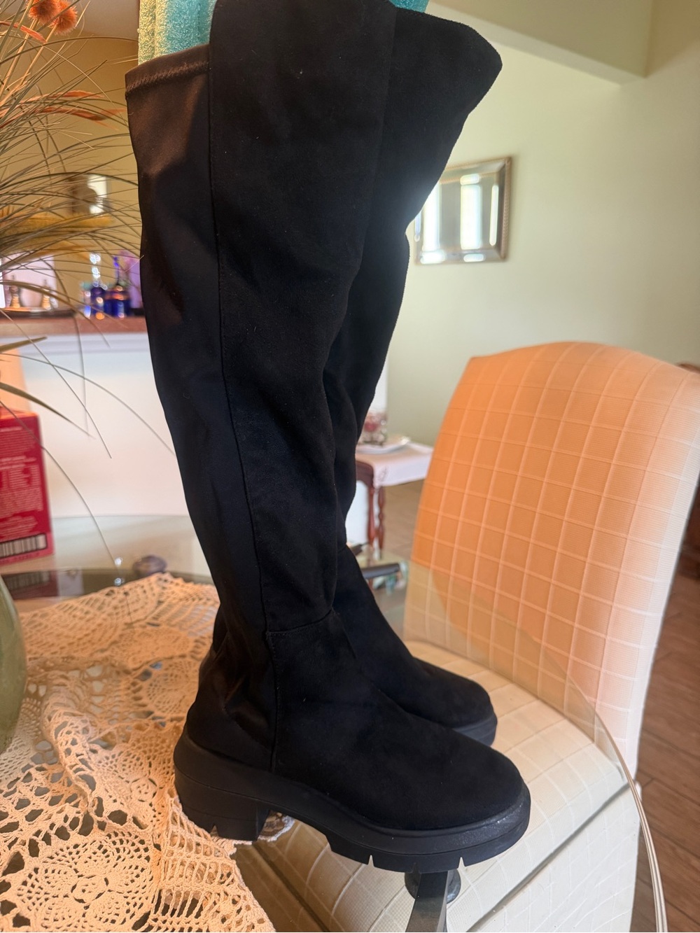 Black Knee-High Faux Suede Platform Boots - Women's Fashion Boots